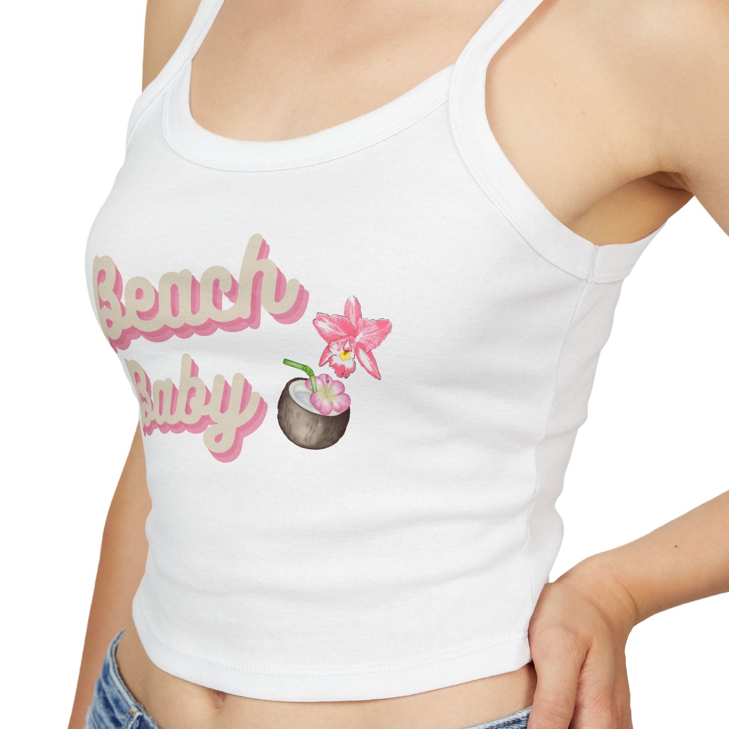 Beach Baby Tank Top — Feminine Tropical Graphic Spaghetti Strap Crop
