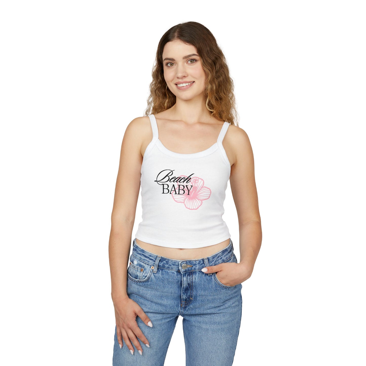 Beach Baby Tank Top – Women's Spaghetti Strap Cropped Tee with Pink Flower