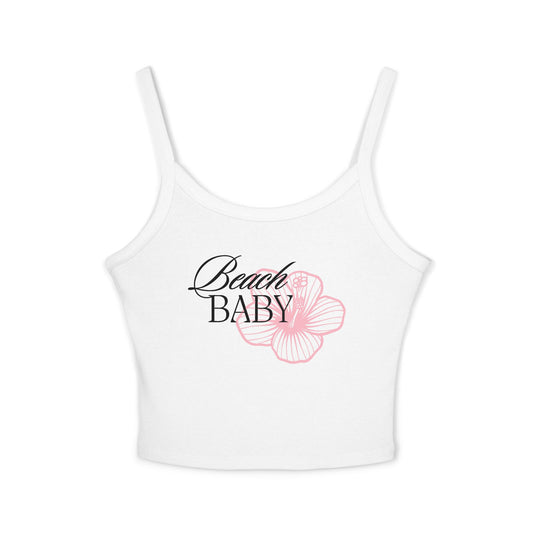 Beach Baby Tank Top – Women's Spaghetti Strap Cropped Tee with Pink Flower