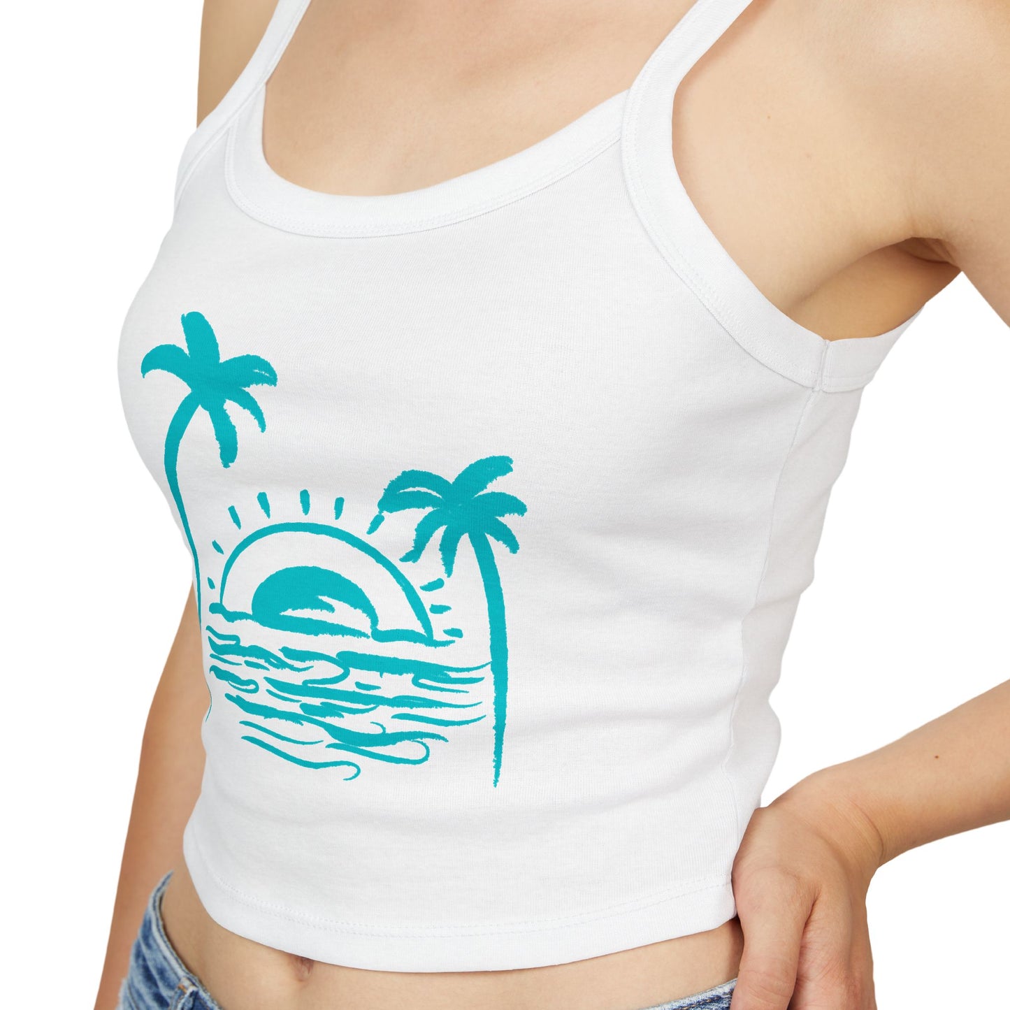 Women's Blue Beach Graphic Tank Top — Beach Vibes Spaghetti Strap Tank