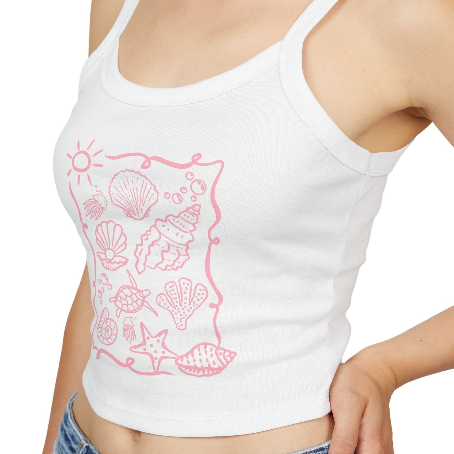 Seashells & Sun Crop Tank — Women's Beachy Pink Spaghetti Strap Top