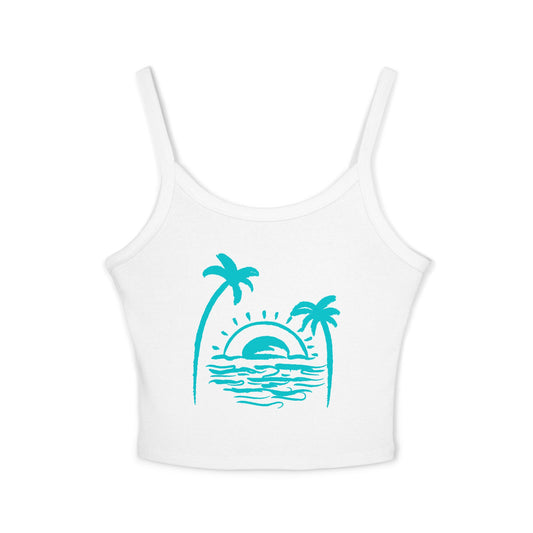 Women's Blue Beach Graphic Tank Top — Beach Vibes Spaghetti Strap Tank