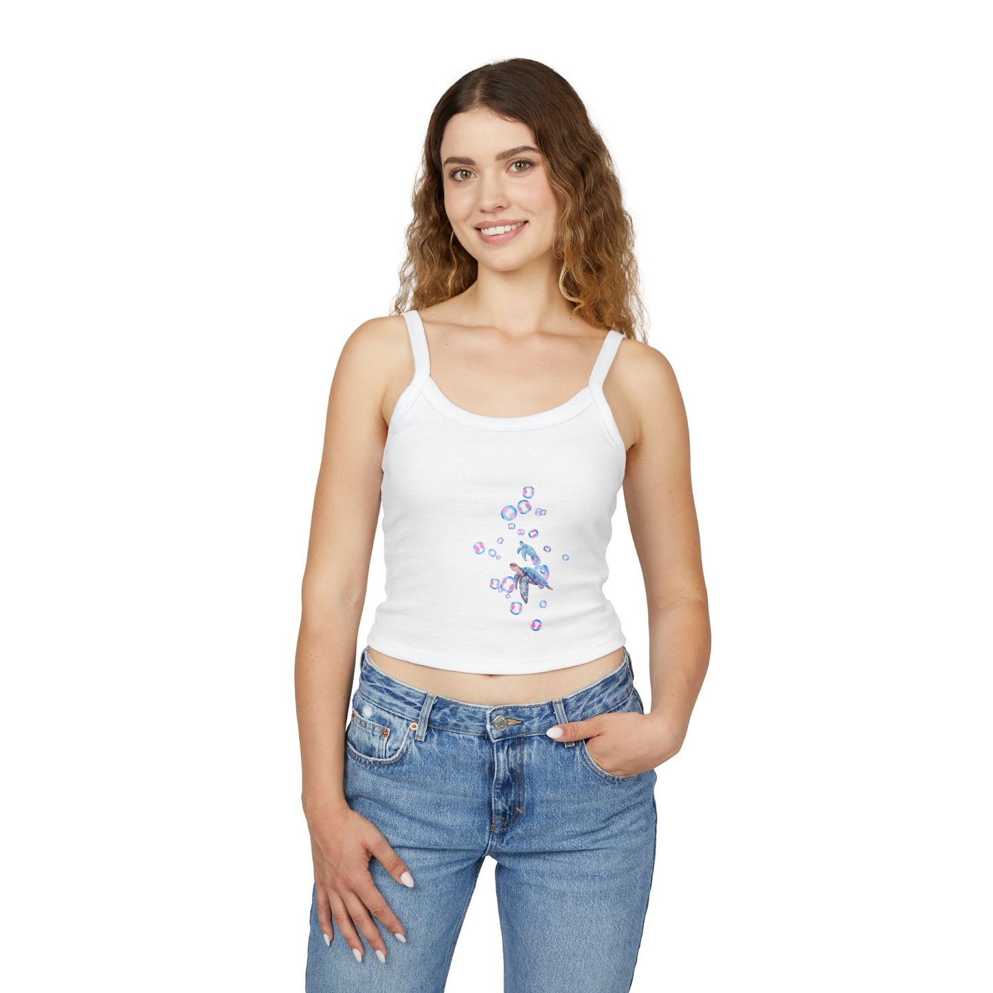 Pastel Turtle & Bubbles Crop Tank Top — Women's Spaghetti Strap