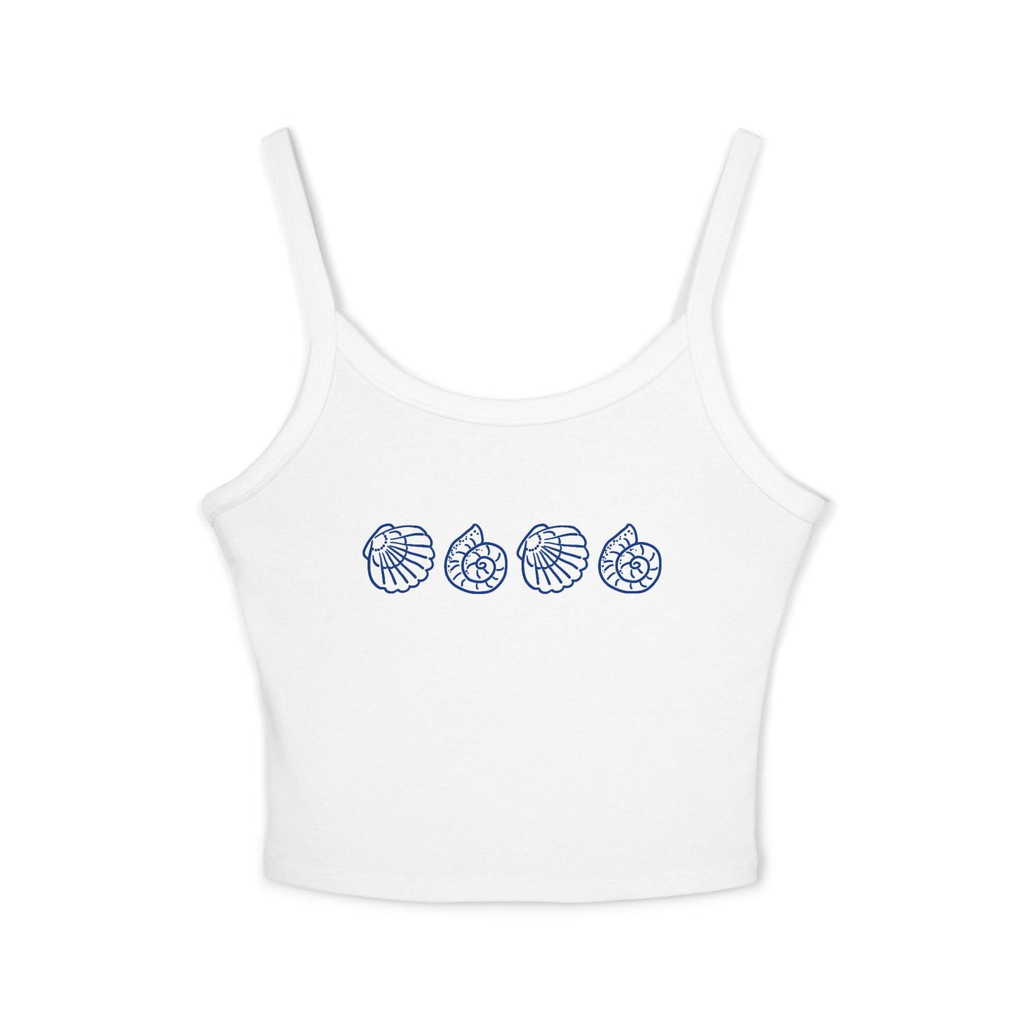 Seashell Row Women's Spaghetti Strap Tank Top — Blue Shell Beach Crop