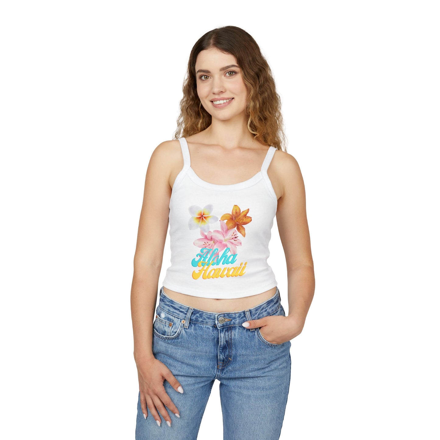 Aloha Hawaii Floral Crop Tank Top — Women's Spaghetti Strap Summer Top