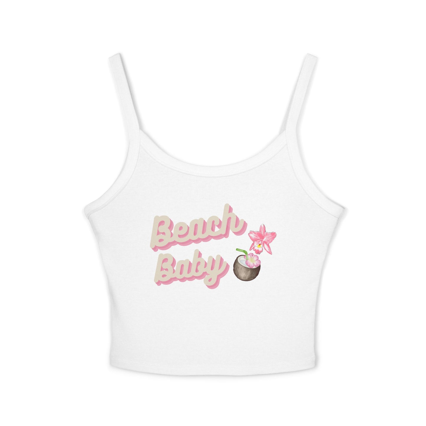 Beach Baby Tank Top — Feminine Tropical Graphic Spaghetti Strap Crop